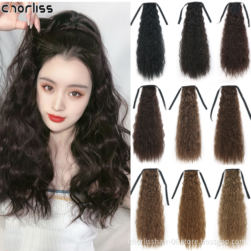 Hot Selling High Quality 22 Inch Long Wrap Kinky Curly Strappy Ponytail Hair Extensions Dark Brown Synthetic For Women